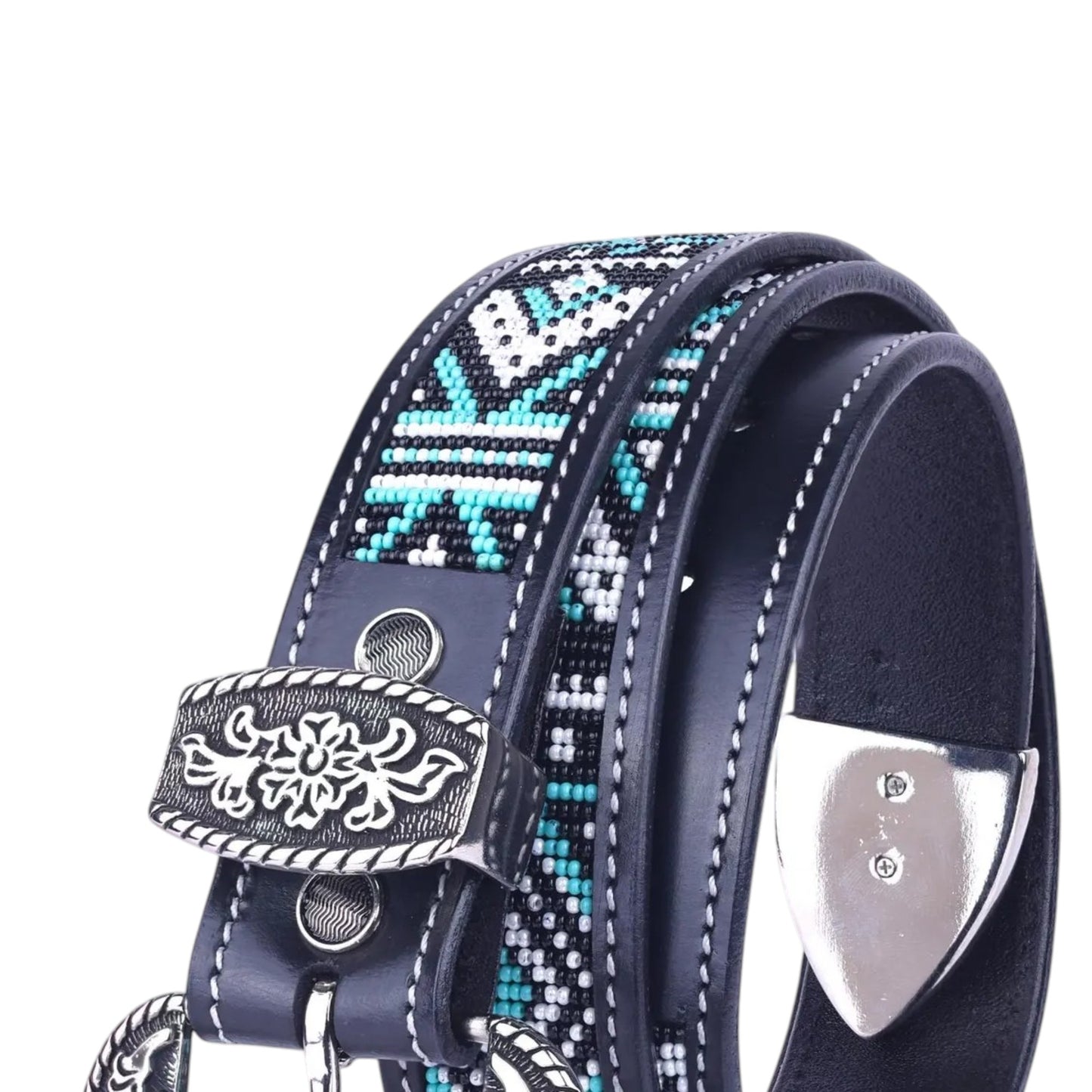 Equestire Beaded Western Leather Belt with Floral Buckle