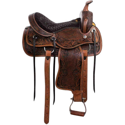 Brown leather saddle with intricate designs on a white background