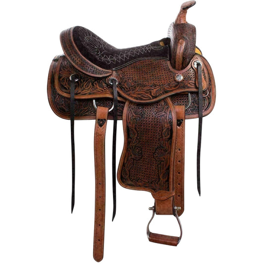 Brown leather saddle with intricate designs on a white background