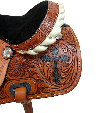 Premium Cross Tooled Western Saddle Genuine Leather Trail Ranch Horse Riding Saddle