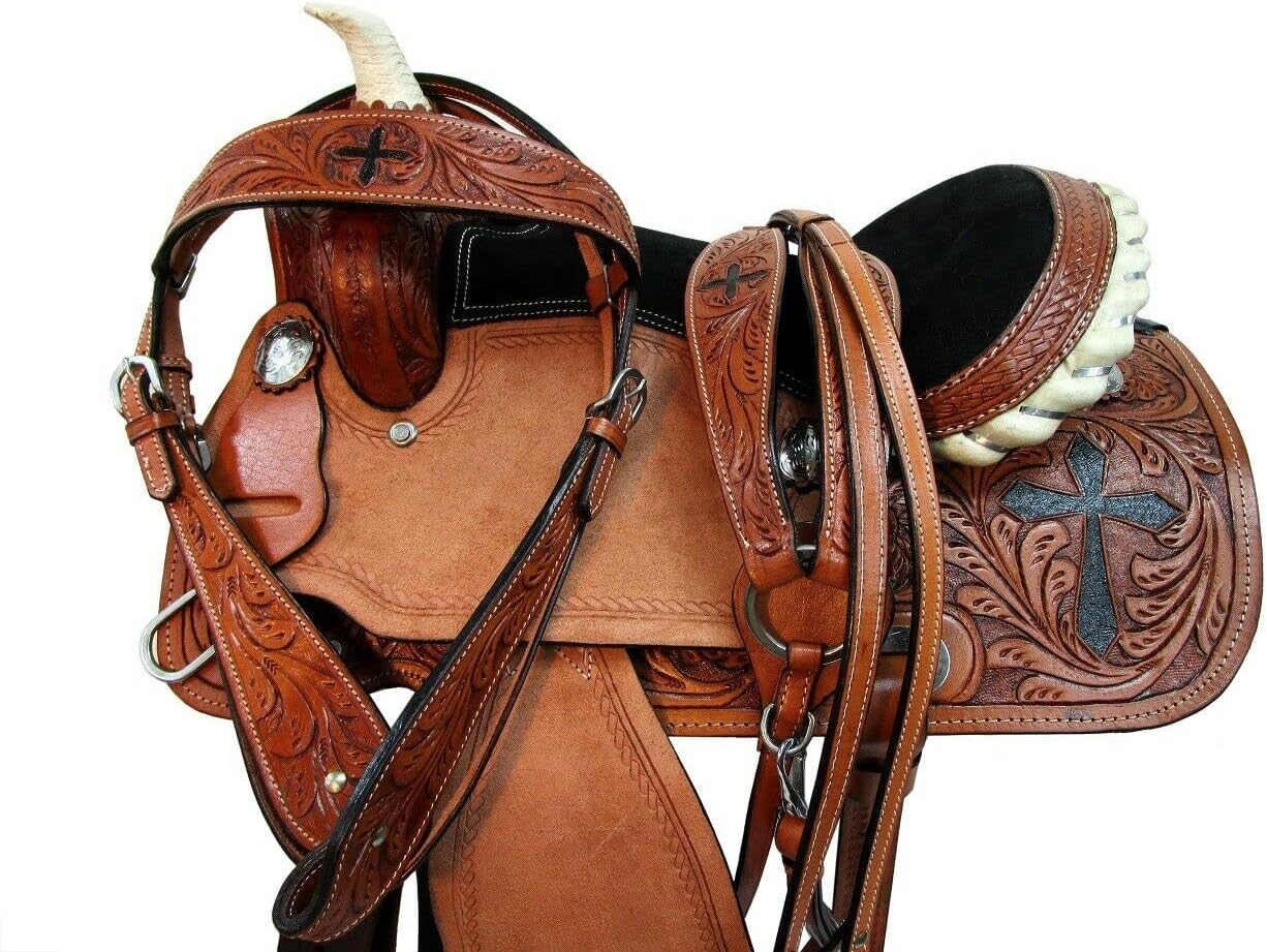 Premium Cross Tooled Western Saddle Genuine Leather Trail Ranch Horse Riding Saddle