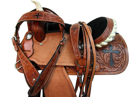 Premium Cross Tooled Western Saddle Genuine Leather Trail Ranch Horse Riding Saddle