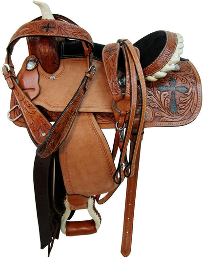 Premium Cross Tooled Western Saddle Genuine Leather Trail Ranch Horse Riding Saddle