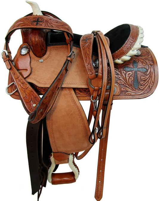 Premium Cross Tooled Western Saddle Genuine Leather Trail Ranch Horse Riding Saddle