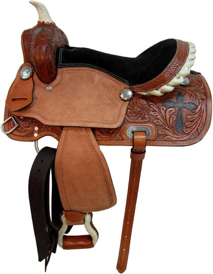 Premium Cross Tooled Western Saddle Genuine Leather Trail Ranch Horse Riding Saddle