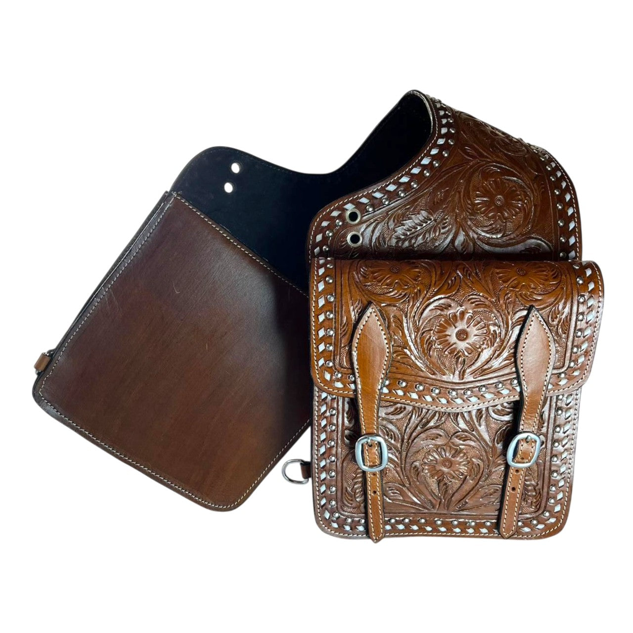 Equestire Hand-Tooled Western Leather Saddle Bag Set