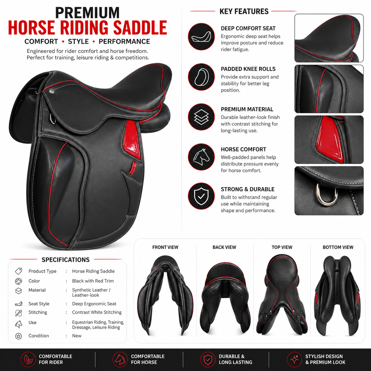 Equestire Elite Black & Red Dressage Saddle – Premium Performance Edition