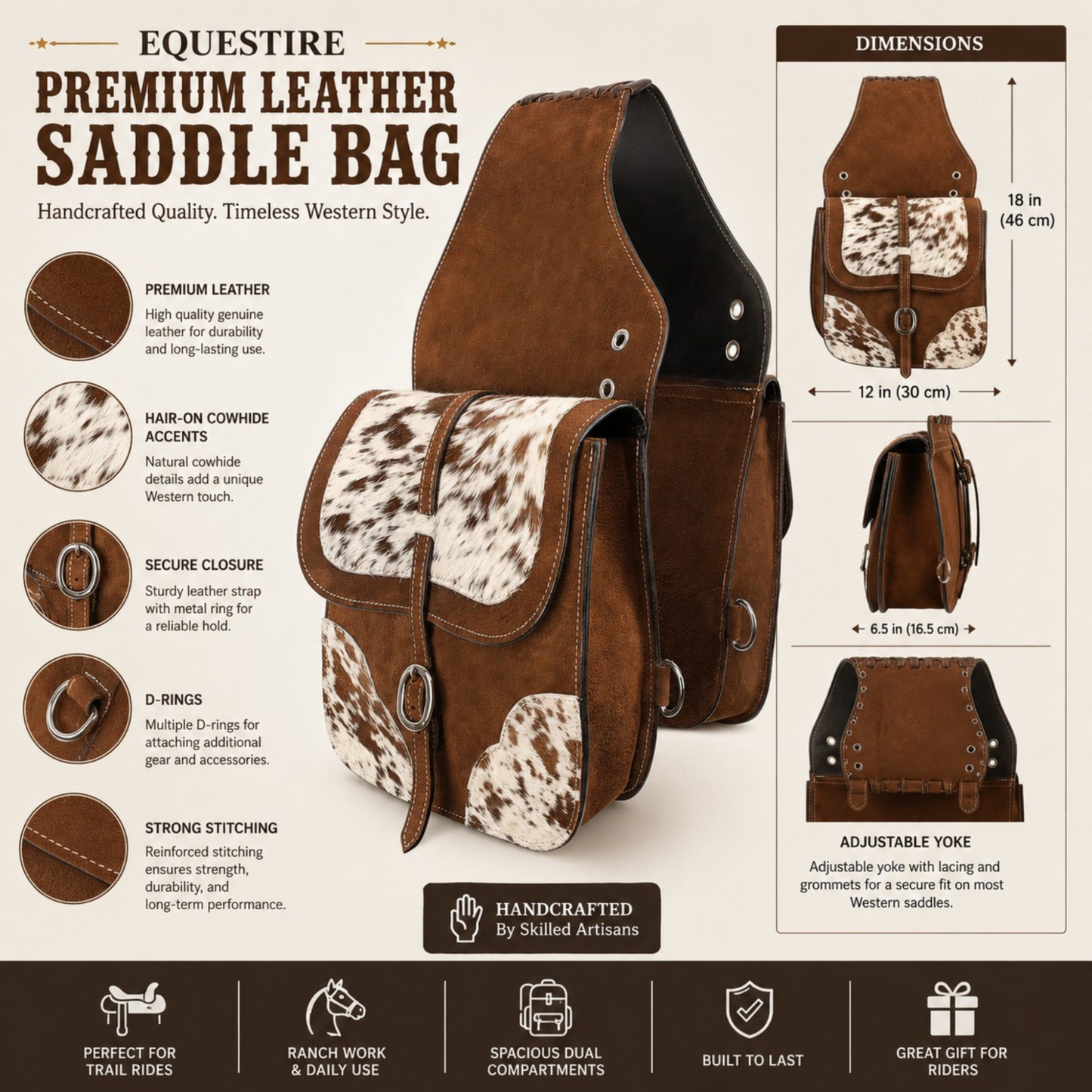 Equestire Handcrafted Leather Saddle Bag with Hair-On Cowhide Accents