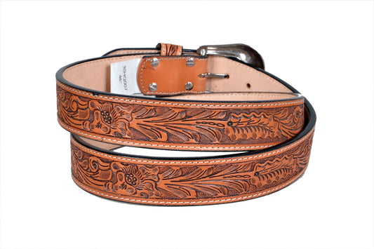 Equestire Hand-Tooled Western Leather Belt with Engraved Buckle