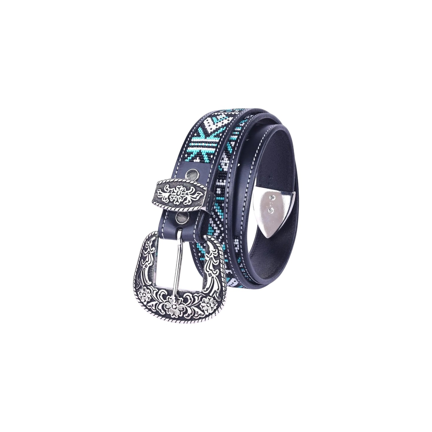 Equestire Beaded Western Leather Belt with Floral Buckle