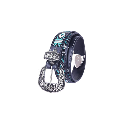 Equestire Beaded Western Leather Belt with Floral Buckle