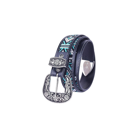 Equestire Beaded Western Leather Belt with Floral Buckle