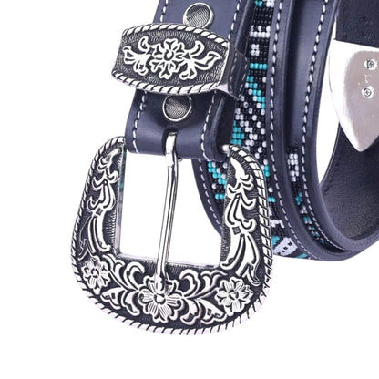 Equestire Beaded Western Leather Belt with Floral Buckle